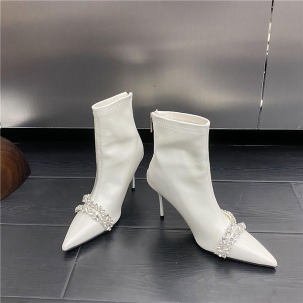 Women's High Heeled Ankle Boots Rhinestone Style Fleece Lined Slim Fitting White Pointed Toe Spring Autumn_vogvips.com