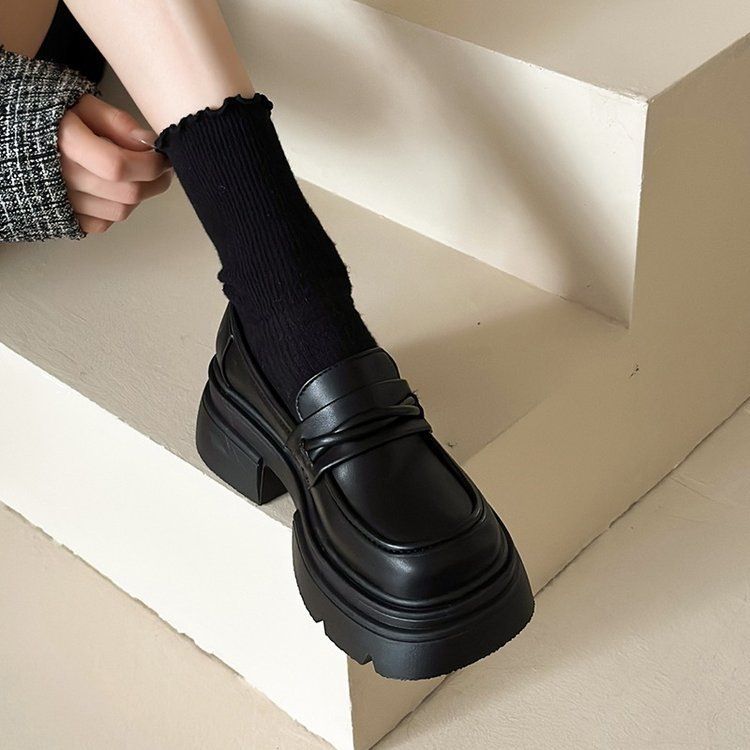 Platform Thick Heel British Style Leather 2025 Spring New Slip-On Women's Shoes Black Loafers_vogvips.com