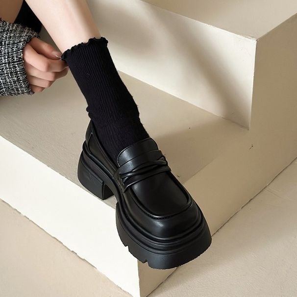 Platform Thick Heel British Style Leather 2025 Spring New Slip-On Women's Shoes Black Loafers_vogvips.com