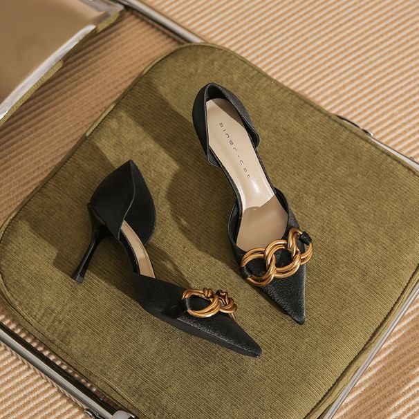 Sheepskin High Heels For Women Thin Heel Spring New Pointed Toe Metal Chain Shallow Mouth Pumps_vogvips.com