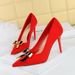 18249-K68 Fashionable And Sexy Pointed High Heels, Metal Bow Fine Follow Shoes, Satin Shallow Mouth Women's Shoes_vogvips.com