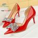 2025 Hot-Selling New Womens Pumps Red Glossy Patent Leather Side Hollow Rhinestone Bow Ladies Banquet High Heels Versatile Shoes_vogvips.com