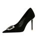 825-K69 Korean Style Fashion Party High Heels Stiletto Women's Suede Shallow Mouth Pointed Toe Metal Rhinestone Buckle_vogvips.com