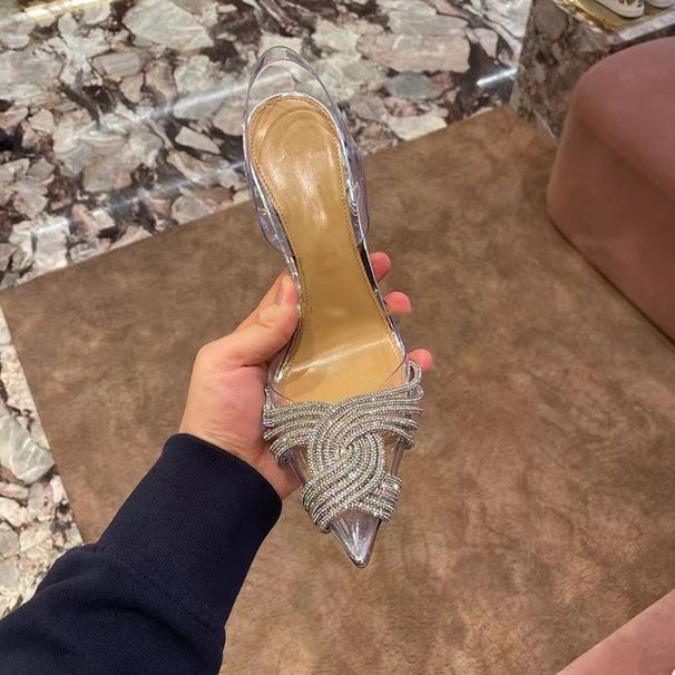 PVC Transparent Sandals Baotou Cross Diamond High Heels 23 Spring And Summer New After Empty Shallow Mouth Sweet Banquet Wedding Shoes_vogvips.com
