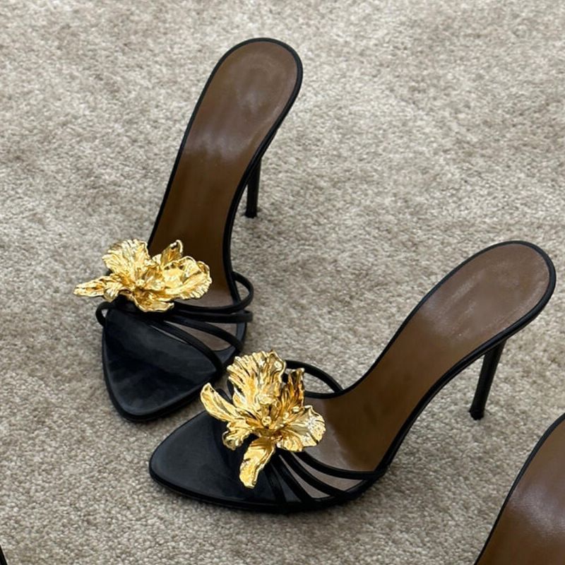 Spring/Summer Ultra High Heel Sandals - Metallic Flower Stiletto Open-Toe Mules For Women, Elegant & Sexy_vogvips.com