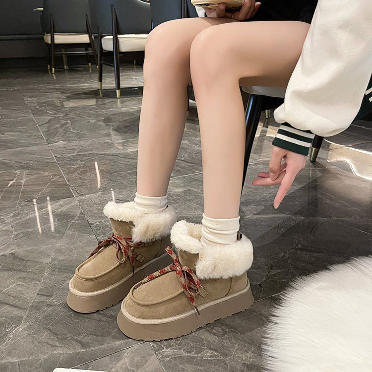 Soft Leather Version ~ Sheepskin Thick-Soled Snow For Women Winter 2024 New Lace-Up Short Height-Increasing Boots Cotton_vogvips.com