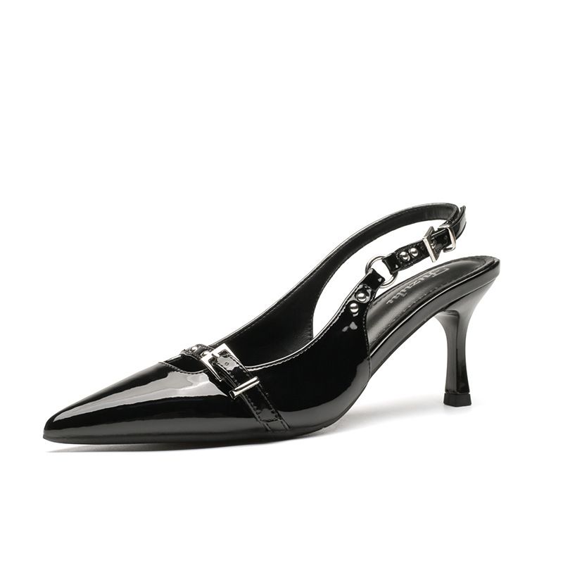 Women's High-heeled Shoes 2025 Summer New Punk Style Patent Leather Stiletto Heel Textured Fashionable Elegant Backless_vogvips.com