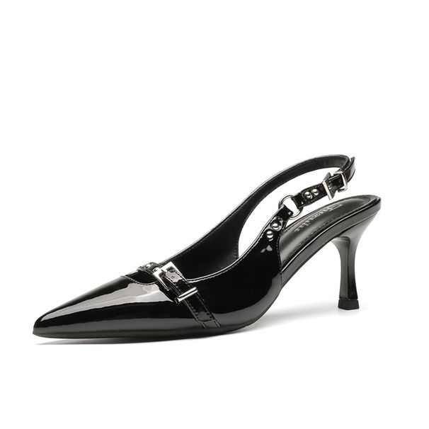 Women's High-heeled Shoes 2025 Summer New Punk Style Patent Leather Stiletto Heel Textured Fashionable Elegant Backless_vogvips.com