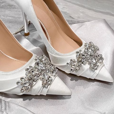 Autumn New Shallow Mouth Stiletto High End Rhinestone Satin Silver White French Wedding Bride Single Shoes_vogvips.com