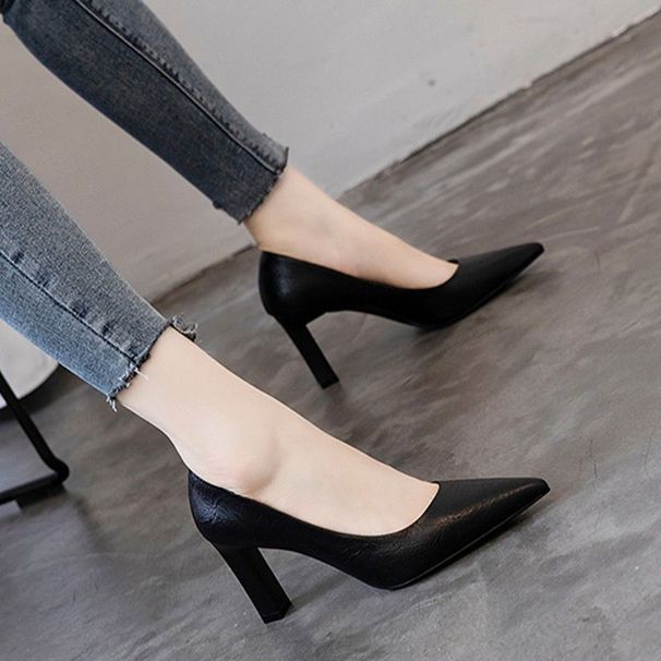 High-heeled 2025 Autumn New Style Pointed Toe Chunky Heel Women's Soft Leather Comfortable Mid-heel Professional Formal_vogvips.com