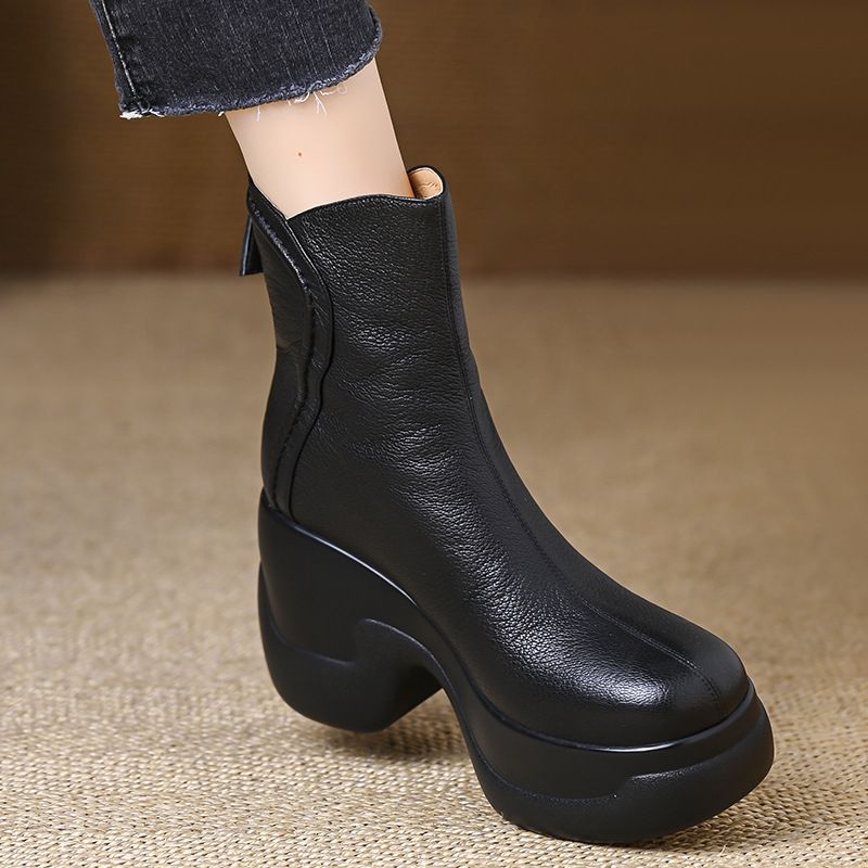 Petite Thick-Soled Wedge Casual Ankle For Women, Ultra High Heel, Round Toe, Back Zipper, Chunky Heel Boots_vogvips.com
