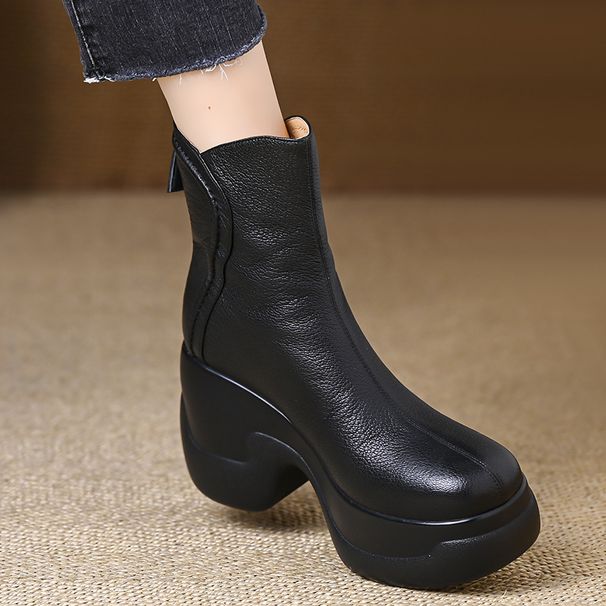 Petite Thick-Soled Wedge Casual Ankle For Women, Ultra High Heel, Round Toe, Back Zipper, Chunky Heel Boots_vogvips.com