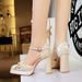 9899-H116 Women's Chunky Heel High Heels With Waterproof Platform, Suede Bow, Square Toe, Versatile Single Strap Hollow_vogvips.com