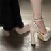 Runway Mary Jane Heels - Platform Chunky Heel Shoes With Buckle Strap | Square-Toe Chunky Heel Mules In Cream White_vogvips.com