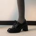 Women's Shoes New Style High Heeled Loafers, Petite Chunky Heel Single Shoes, Black, Versatile Slip On, Deep Mouth JK Leather Shoes_vogvips.com