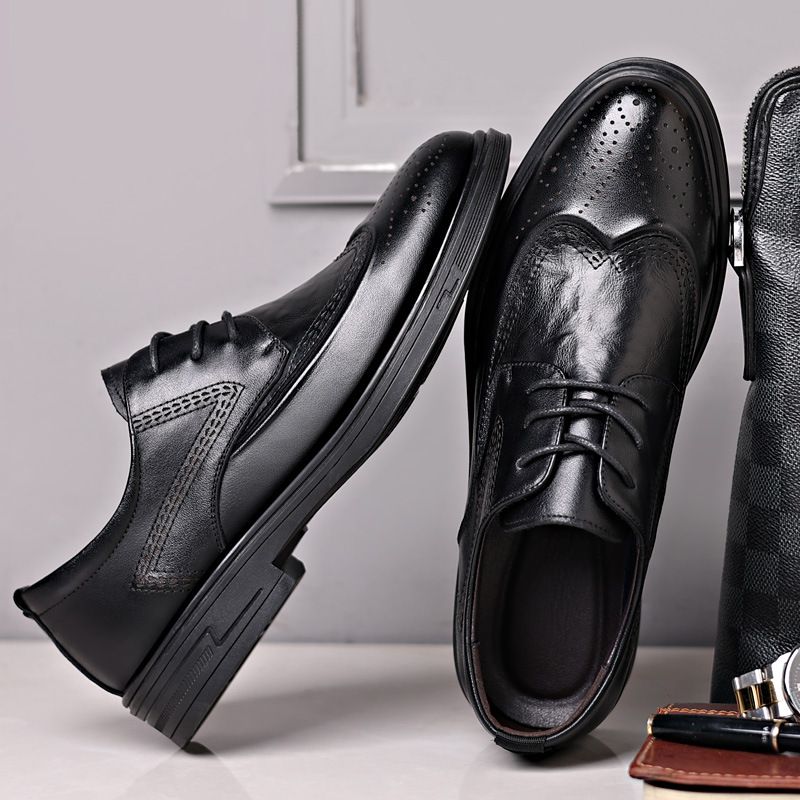 Euro Step Carved Genuine Leather Pointed Business Formal Autumn New Brogue Men's Soft Sole Shoes_vogvips.com