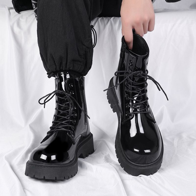 Men's Classic Black PU Leather Martin Boots - Water-Resistant Mid-Calf Work Boots With Rubber Sole For Casual & Outdoor Wear Casual Boots_vogvips.com