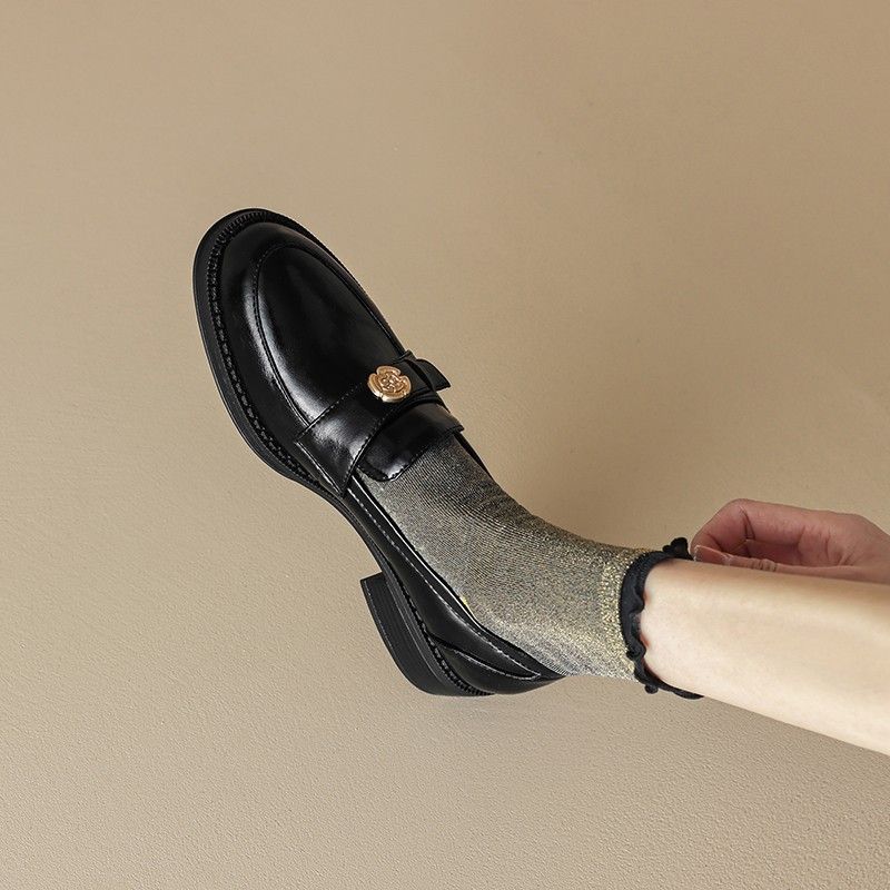 One-pedal Small Leather Shoes Medium Heel Single Shoes Thick Heel Loafers Women's Shoes_vogvips.com