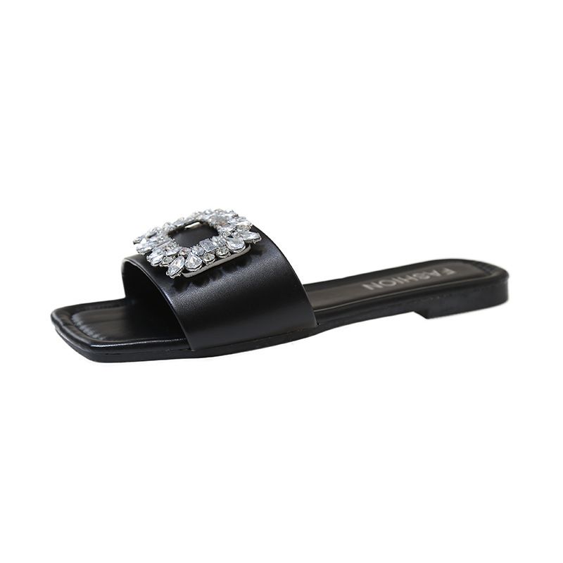 Foreign Trade Plus-size Women's Shoes 2025 Summer New Style Rhinestone Square-toed Slippers Wish European And American Flat For Women_vogvips.com