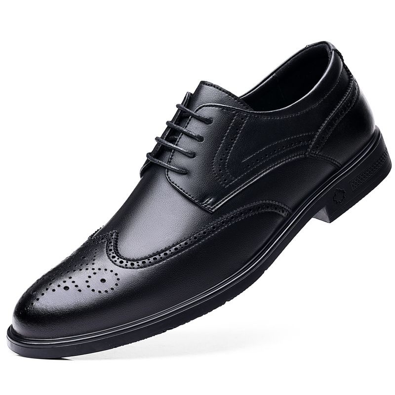 Euro Step Spring British Brogue Carved Korean Style Trendy Pointed Thick Sole Wedding Men's Business Formal Leather Shoes_vogvips.com