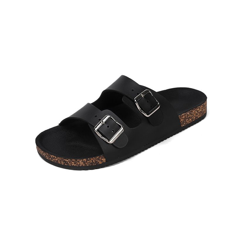 Men's Soft Cork Slide Sandals - Extra Wide Sizes 36-46 - Anti-Slip House Slippers & Beach Shoes (Black/Khaki/Checkered) - Machine Washable_vogvips.com