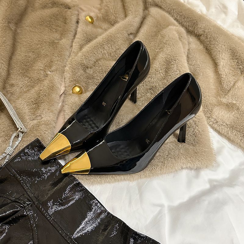 Black Patent Leather Metal Head High Heels Women's Thin Heels Pointed Head Not Tired Feet Shallow Mouth Sexy Single Shoes_vogvips.com