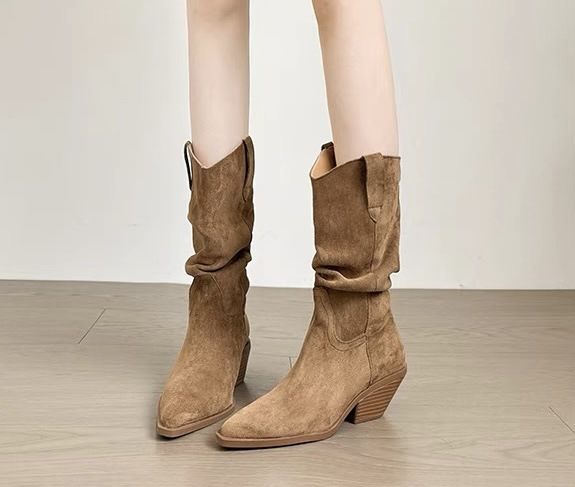 V-Neck Pointed Toe Slouch Chunky Heel Mid-Calf 2025 New Autumn Winter Western Cowboy Short Boots For Women_vogvips.com