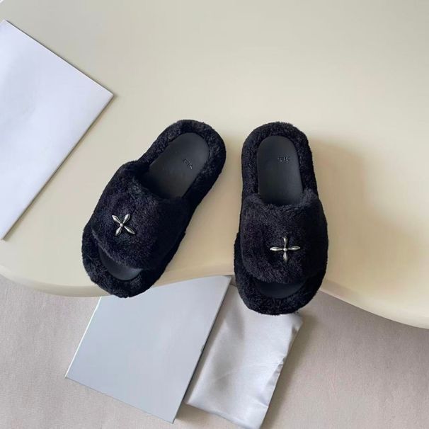 SM Cross-Strap Open-Toe Thick-Soled Furry Slippers For Women 2025 Autumn/Winter New Vintage Fashionable Outdoor Slide_vogvips.com