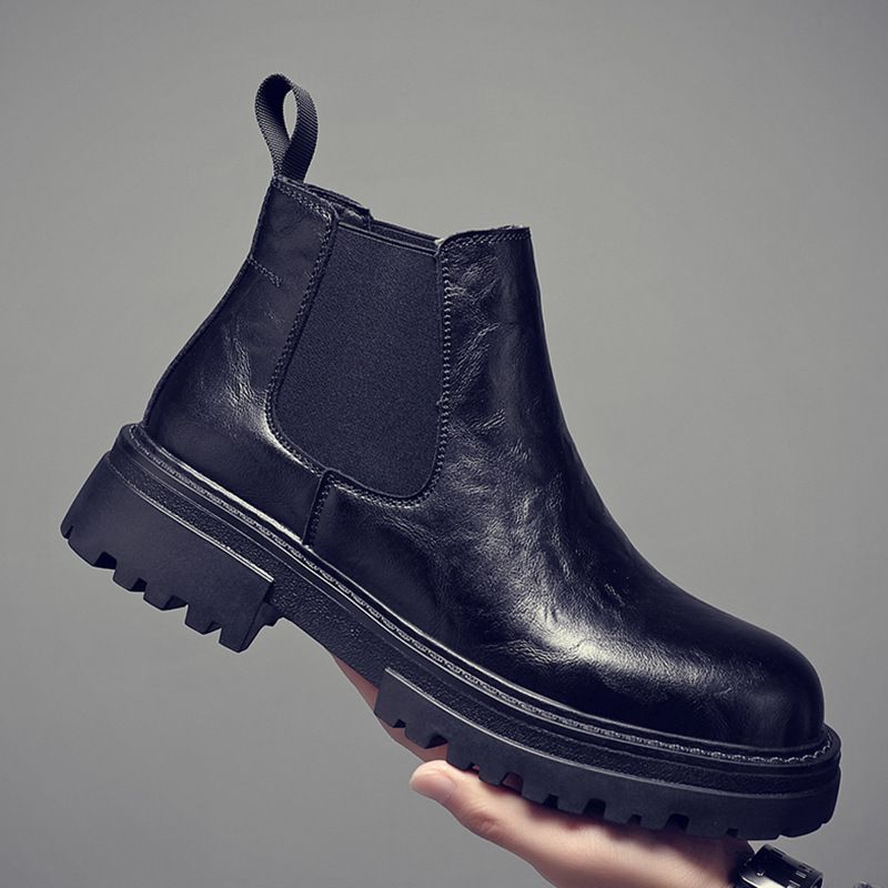 Martin Boots Men's High-top Leather Shoes Wind Thick-soled Heightened Velvet Black Locomotive Boys Soft Leather Medium-top Boots_vogvips.com