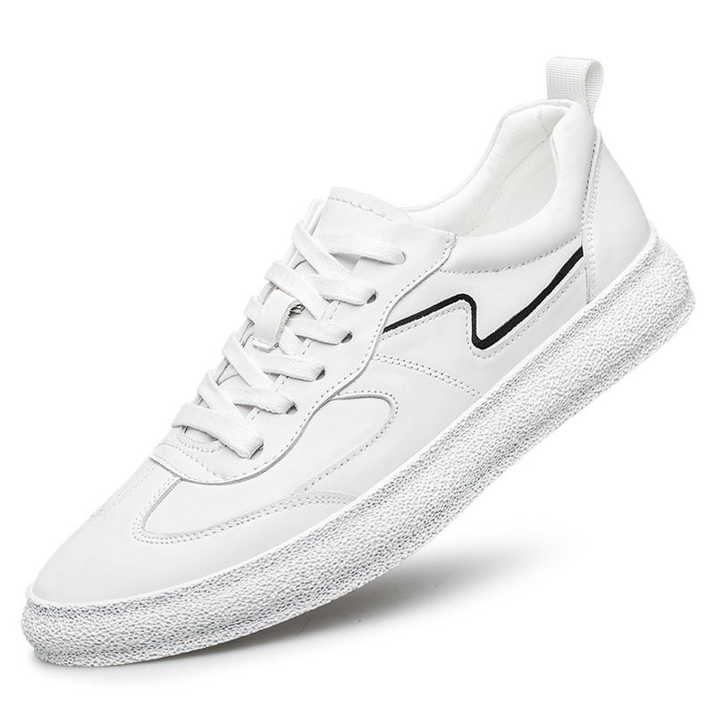 Men's Casual Lace-up Board Shoes Transparent First-layer Cowhide Shoes Shallow Mouth Round Head Flat Bottom White_vogvips.com