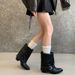 Korean-Style Versatile Western Short For Women, Stacked With Chunky Heel Design, Pleated Pointed Toe Riding Boots,_vogvips.com