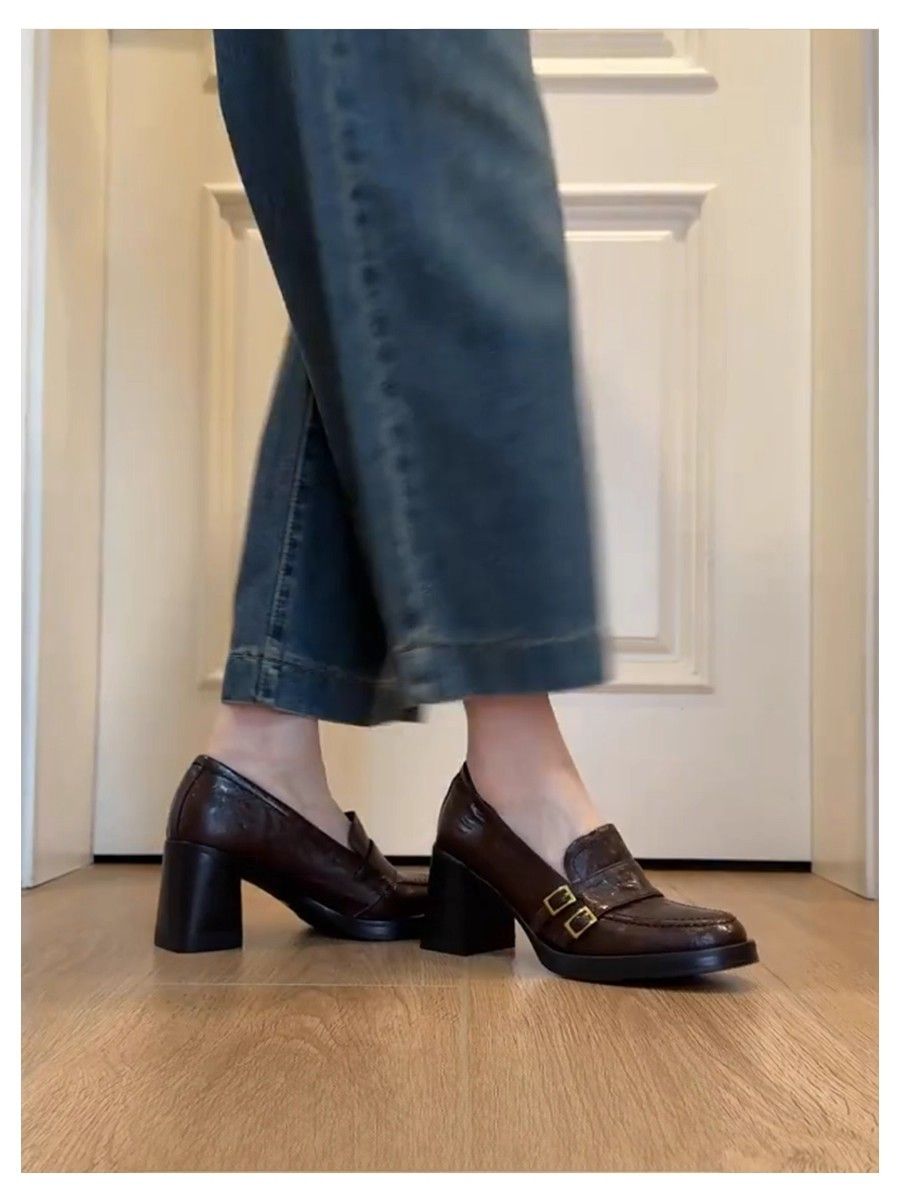 British Style Chunky Heel Loafers For Women - 8CM High Heel Round Toe Slip-On Shoes With Stitching Detail (Black, Brown, Black Fleece Lined)_vogvips.com