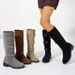 Women's Chunky Heel Wide Calf Knee High Boots With Buckle Detail & Stacked Wrinkles - Soft Suede & Genuine Leather - Round Toe Mid Heel Boots_vogvips.com