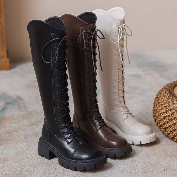 2025 Autumn Winter New Over-the-Knee V-Neck Long For Women Thick-Soled Brown British Style Height-Increasing Lace-Up_vogvips.com
