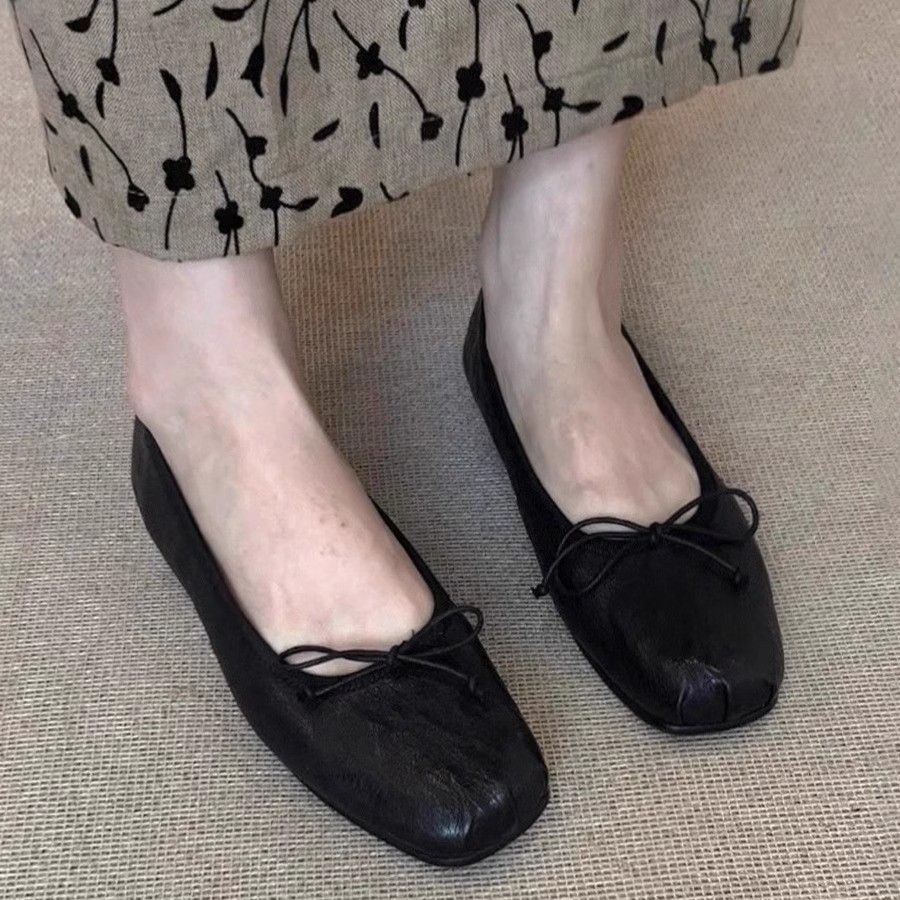 Cowhide Version Retro Square Toe Shallow Mouth Single Shoes Women's Flat Black Commuting Bow Soft Bottom Ballet Shoes_vogvips.com