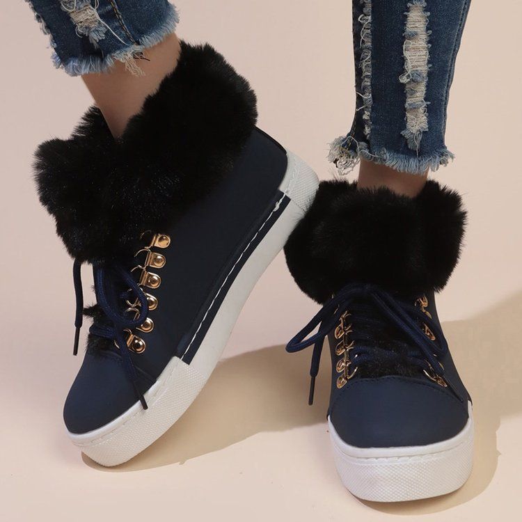 Women's Shoes Winter Boots Low-Cut Faux Fur Lined Round Toe Slip-Resistant Rubber Sole Casual Ankle Boots Large Size Turn Up Plus Velvet Martin Boots_vogvips.com