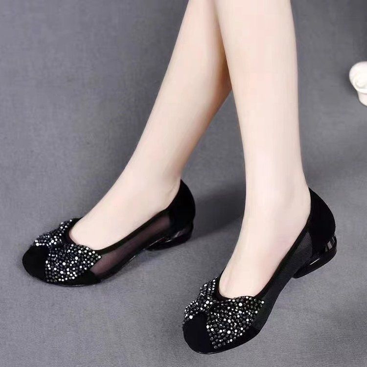 Mesh Breathable Non-slip Single Shoes Women's Low-heeled Bow Doudou Shoes Hollow Bag Head Sandals Women_vogvips.com