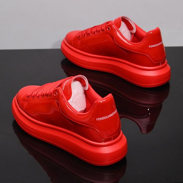 Unisex Patent Leather Glossy Platform Sneakers Lace Up Round Toe Couple Casual Walking Fashion Shoes_vogvips.com