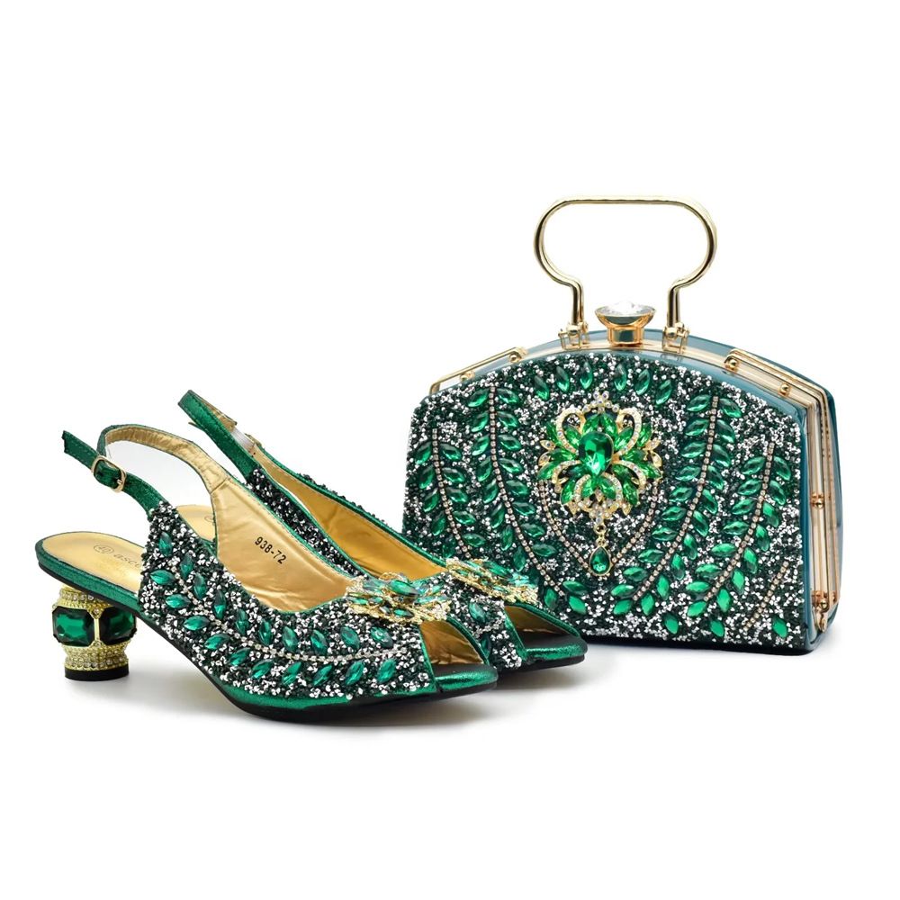 Wedding high-heeled rhinos round head fish mouth back sandals with Glitter diamond hand bag set shoe bag_vogvips.com