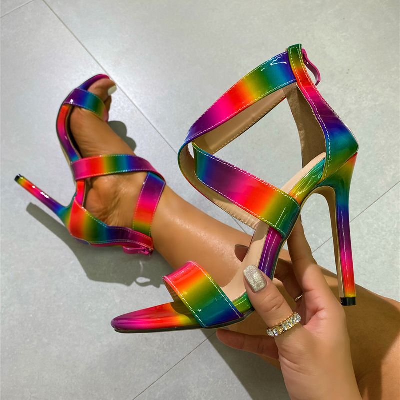 Rainbow Heels 2024 Summer New Walking Show Cross Strap Fashion Thin Color Block High Heel Sandals_vogvips.com