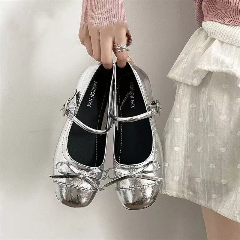Silver Light Mouth Ballet Flat Shoes Women's Skirt French Round Head Mary Jane Shoes_vogvips.com