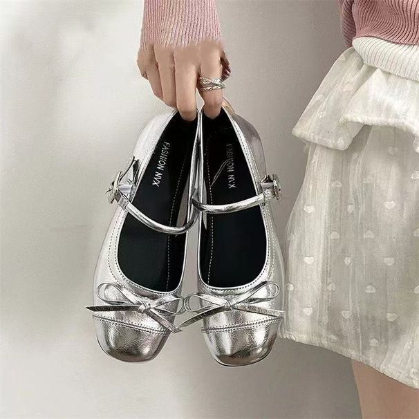Silver Light Mouth Ballet Flat Shoes Women's Skirt French Round Head Mary Jane Shoes_vogvips.com