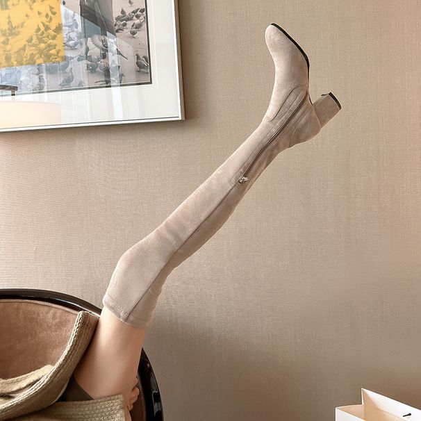 Over-the-Knee For Women, High Heel Stretch Khaki Suede Long Boots, 2023 New Style, Petite Slim Boots_vogvips.com
