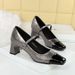 5298 Mary Jane Light Luxury Women's Shoes Water Diamond One Word Belt Square Head Coarse Middle Heel Leather Splicing_vogvips.com