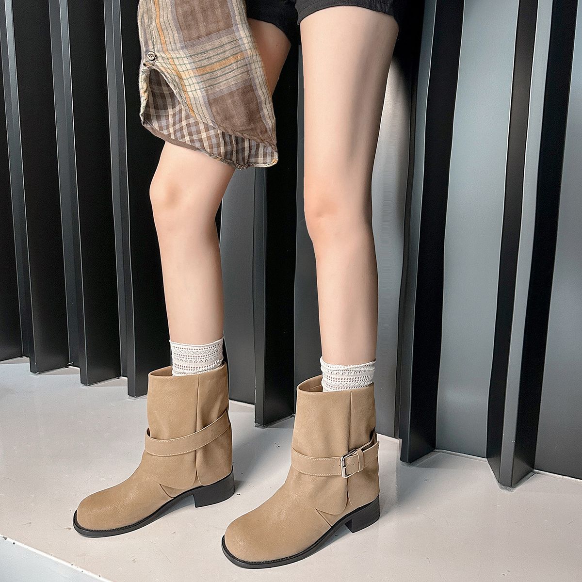 Round Toe Chunky Heel Thick Sole Belt Buckle For Women 2025 Autumn Winter New Western Cowboy Style Short Tube Riding_vogvips.com
