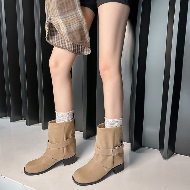 Round Toe Chunky Heel Thick Sole Belt Buckle For Women 2025 Autumn Winter New Western Cowboy Style Short Tube Riding_vogvips.com