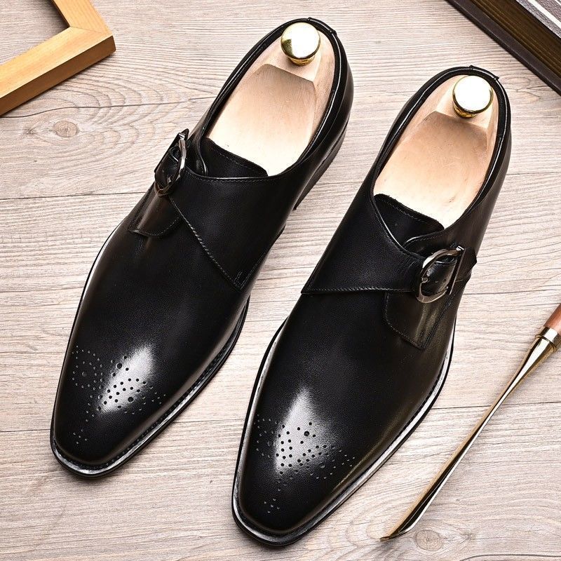 British Style Buckle Monk Men's Trendy Top Layer Cowhide Carved Brogue Gentleman Formal Business Pointed Leather Shoes_vogvips.com
