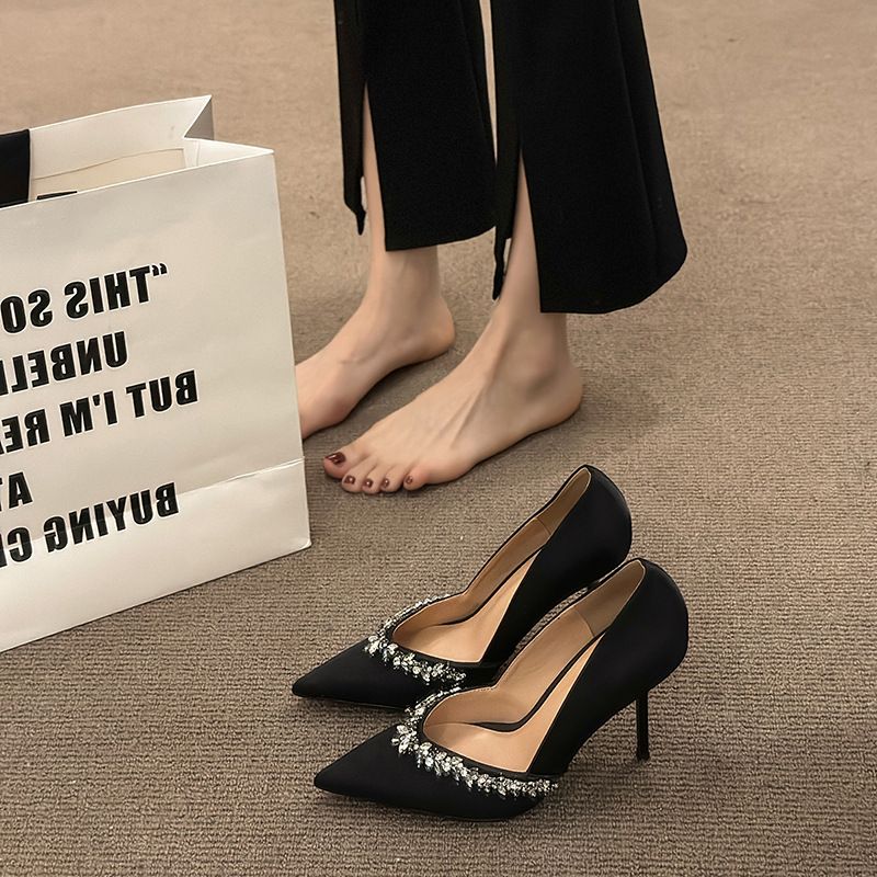 French-style Rhinestone-embellished High-heeled Shoes Women 2025, Versatile Black Elegant Pointed-toe Stiletto Shallow_vogvips.com