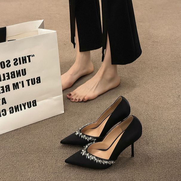 French-style Rhinestone-embellished High-heeled Shoes Women 2025, Versatile Black Elegant Pointed-toe Stiletto Shallow_vogvips.com