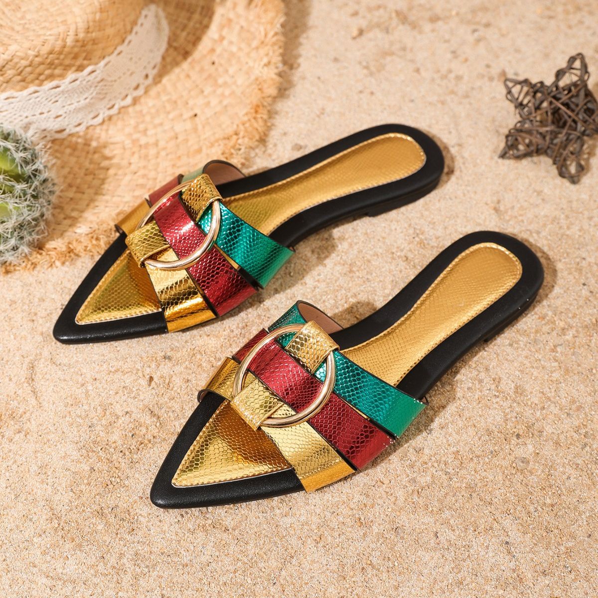 Women's Shoes Hot Selling Flat Slippers Summer New Pointed Open Toe Color Matching Fashion Middle East Shoes_vogvips.com